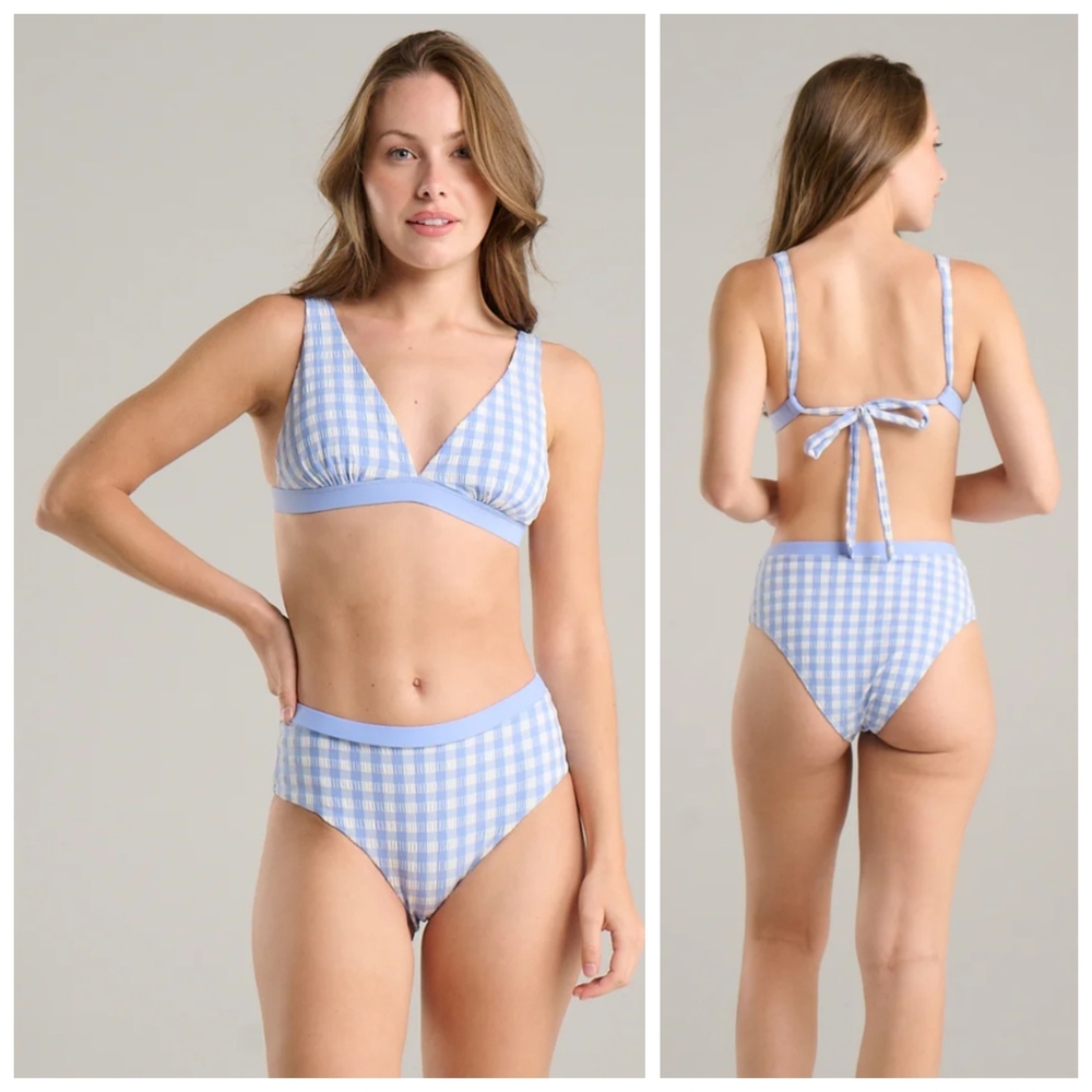 Light Blue Gingham High-Waist Bikini Set - Women Swim